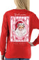A woman shown from the back wearing a bright red long-sleeve shirt with a large Christmas-themed graphic print featuring Santa Claus and the words 'Believe' and 'simply southern'.