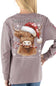 A woman wearing a long-sleeve t-shirt from the back, featuring a graphic of a Highland cow wearing a Santa hat and holding a candy cane, with 'Mooey & BRIGHT' and 'simply southern' text.