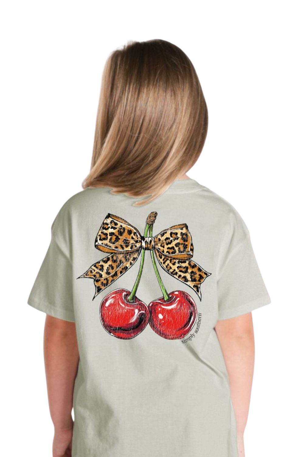 Simply Southern Youth Cherries with Leopard Bow Mineral Wash T-Shirt for Girls in Birch Tan