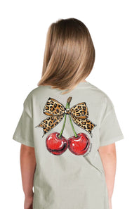 Simply Southern Youth Cherries with Leopard Bow Mineral Wash T-Shirt for Girls in Birch Tan