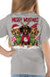 A woman wearing a light gray t-shirt, viewed from the back. The shirt features a large graphic of three dachshunds dressed in Christmas sweaters and Santa hats, with the text 'MERRY WOOFMAS' and the brand 'simply southern' printed below.
