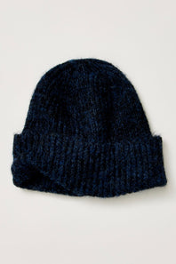 A dark navy blue knit beanie hat with a folded cuff, shown against a plain off-white background.