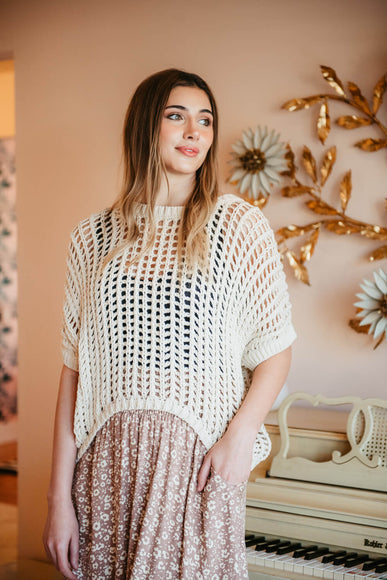  Crochet Short Sleeve Sweater for Women in Natural