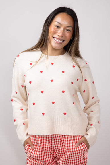 Embroidered Hearts Sweater for Women in Cream/Red