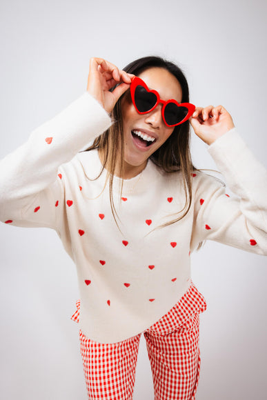 Embroidered Hearts Sweater for Women in Cream/Red