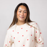 Embroidered Hearts Sweater for Women in Cream/Red