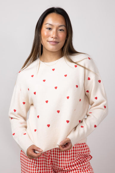Embroidered Hearts Sweater for Women in Cream/Red