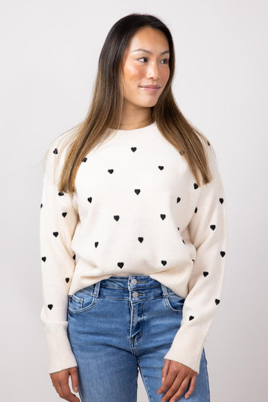 Embroidered Hearts Sweater for Women in Cream/Black