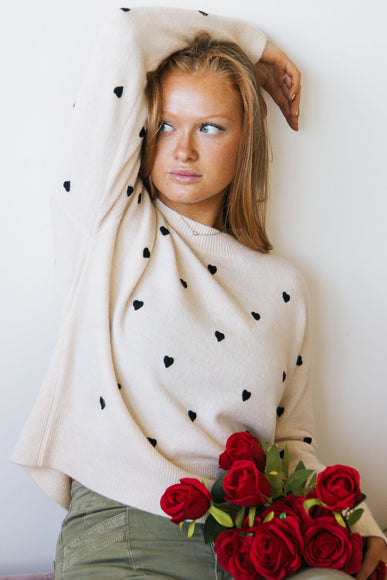 Embroidered Hearts Sweater for Women in Cream/Black