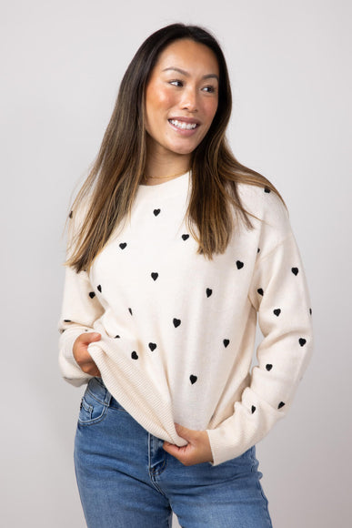 Embroidered Hearts Sweater for Women in Cream/Black