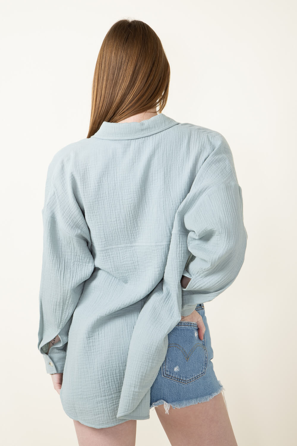 ACOA Clothing Oversized Gauze Boyfriend Shirt for Women in Blue