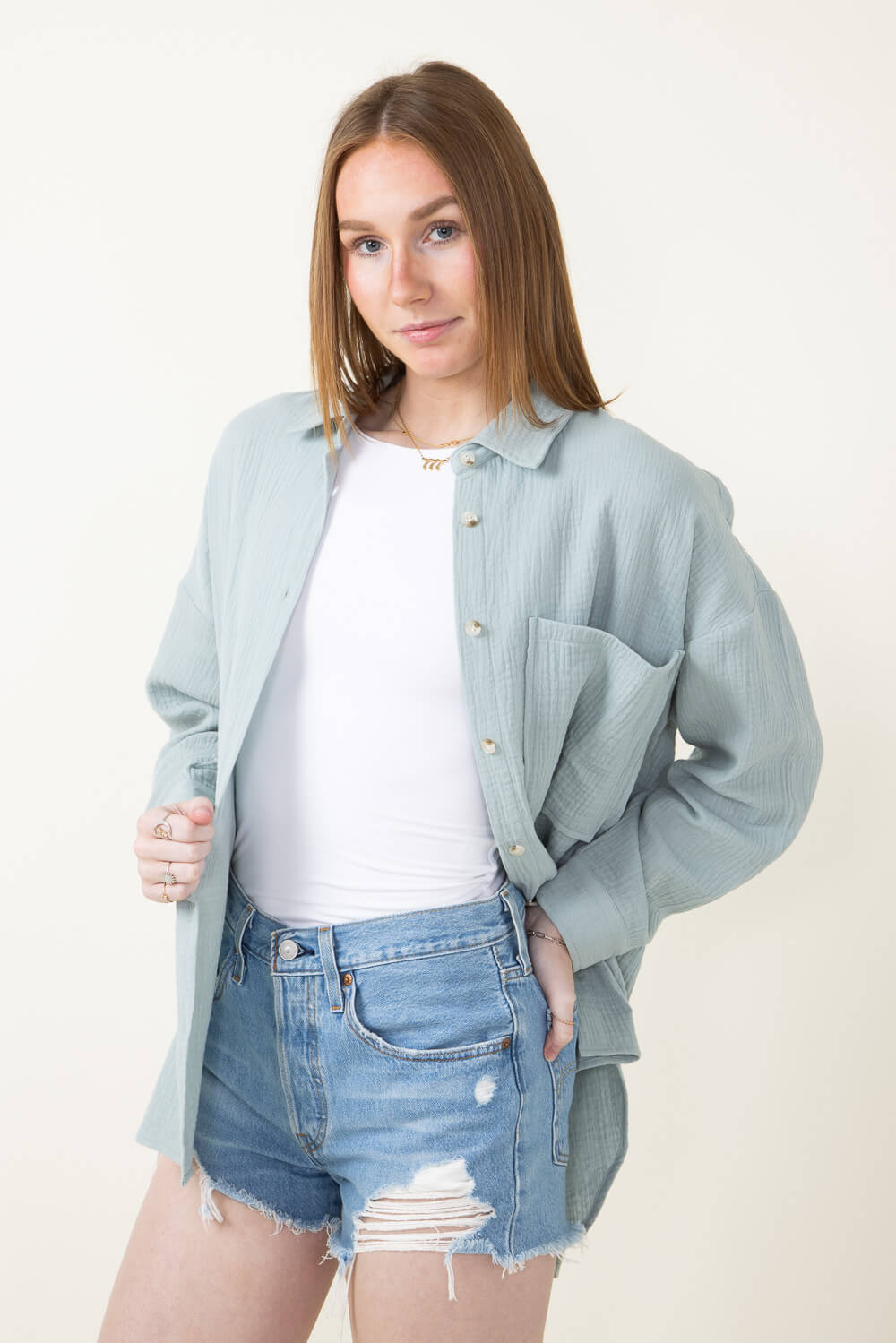 ACOA Clothing Oversized Gauze Boyfriend Shirt for Women in Blue