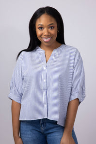 Pinstripe Split Neck Button Front Top for Women in Navy