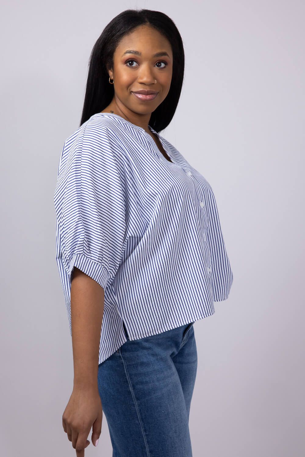 Pinstripe Split Neck Button Front Top for Women in Navy