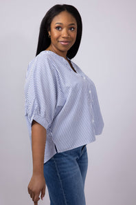Pinstripe Split Neck Button Front Top for Women in Navy