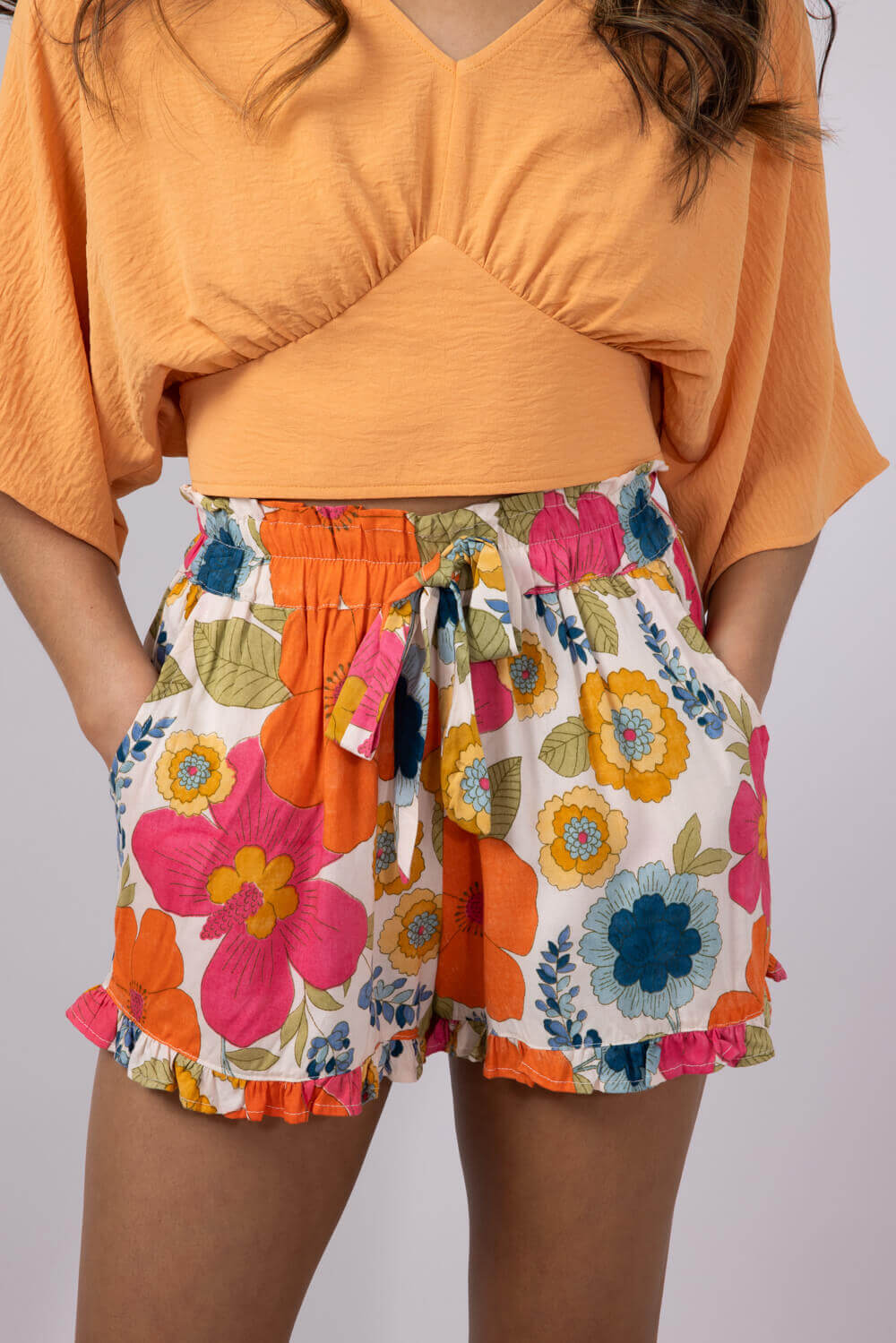 Paperbag Floral Tie Waist Ruffle Shorts for Women in Multi