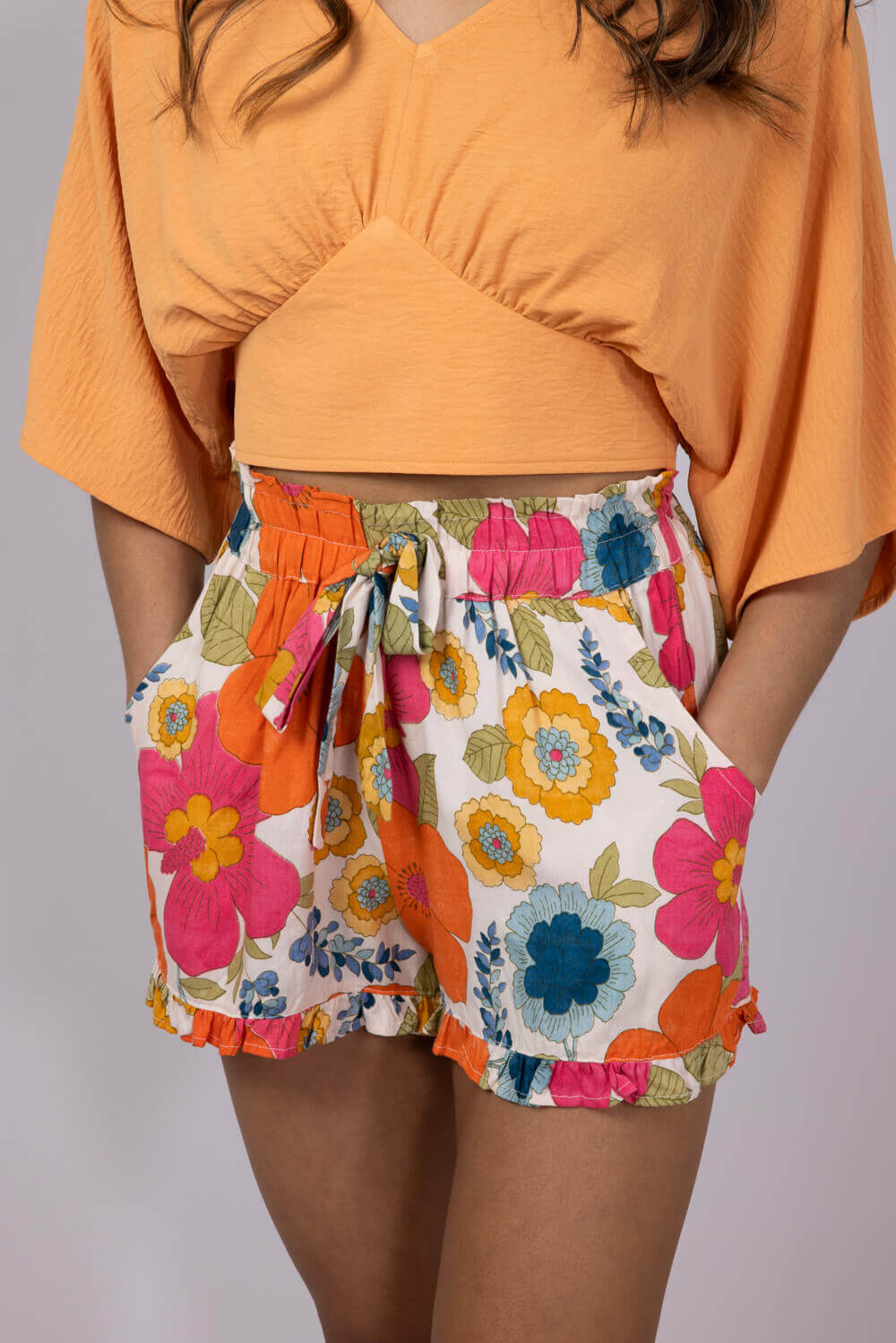Paperbag Floral Tie Waist Ruffle Shorts for Women in Multi