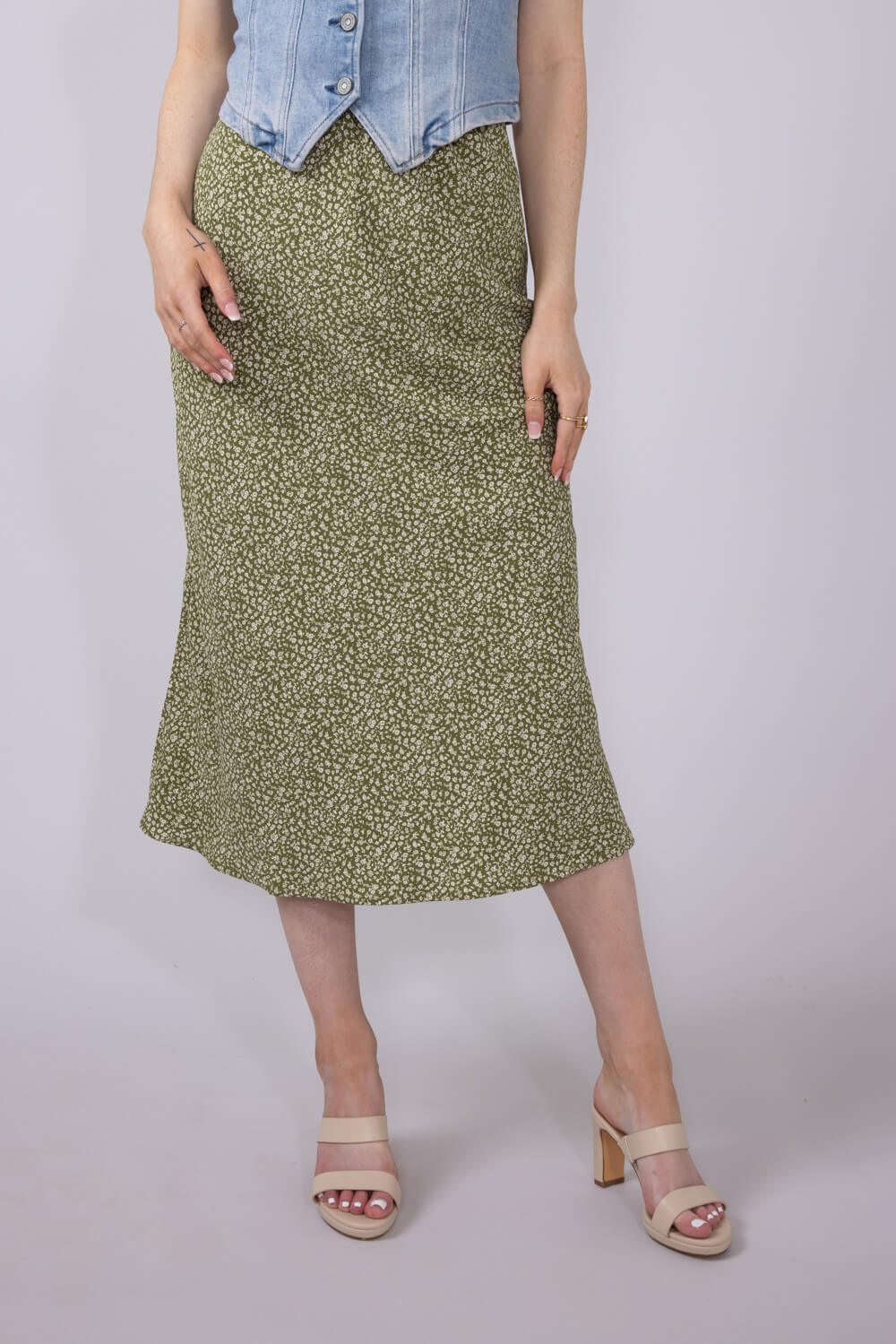 Ditsy Floral Midi Skirt for Women in Avocado