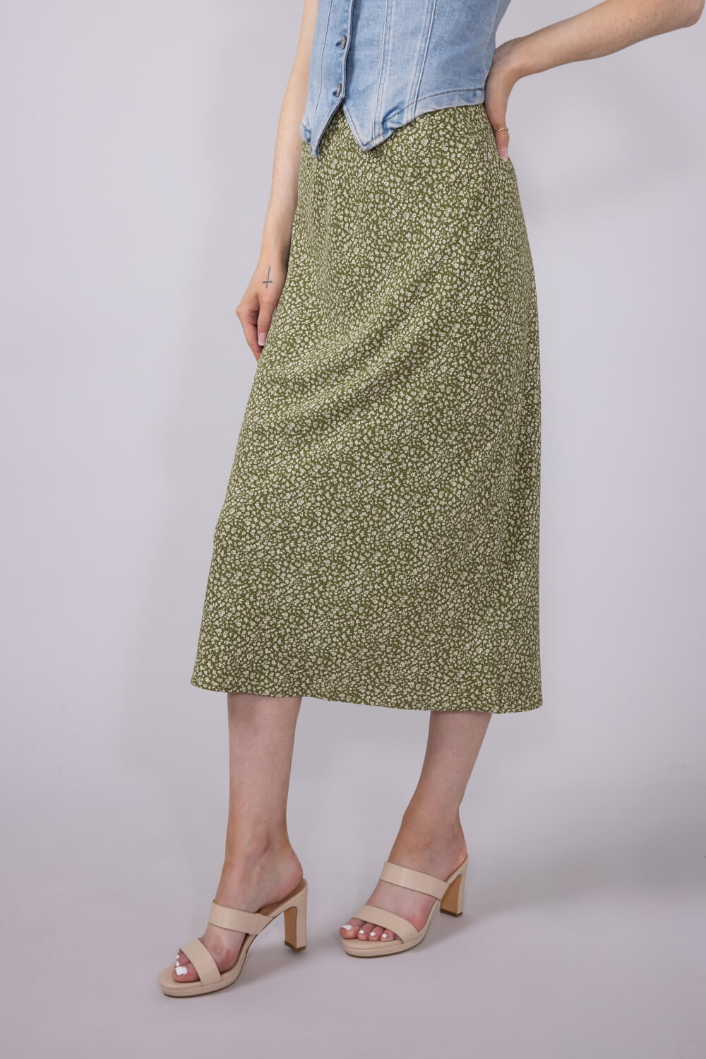 Ditsy Floral Midi Skirt for Women in Avocado