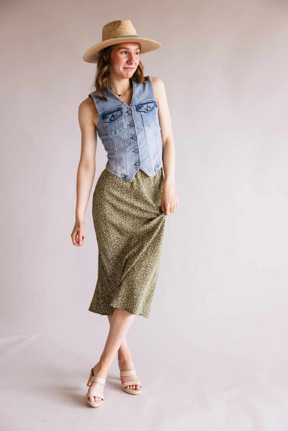 Ditsy Floral Midi Skirt for Women in Avocado