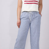 Pinstripe Drawstring Linen Pants for Women in Blue