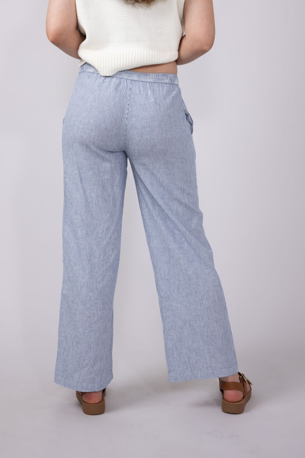 Pinstripe Drawstring Linen Pants for Women in Blue | 42711