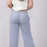 Pinstripe Drawstring Linen Pants for Women in Blue