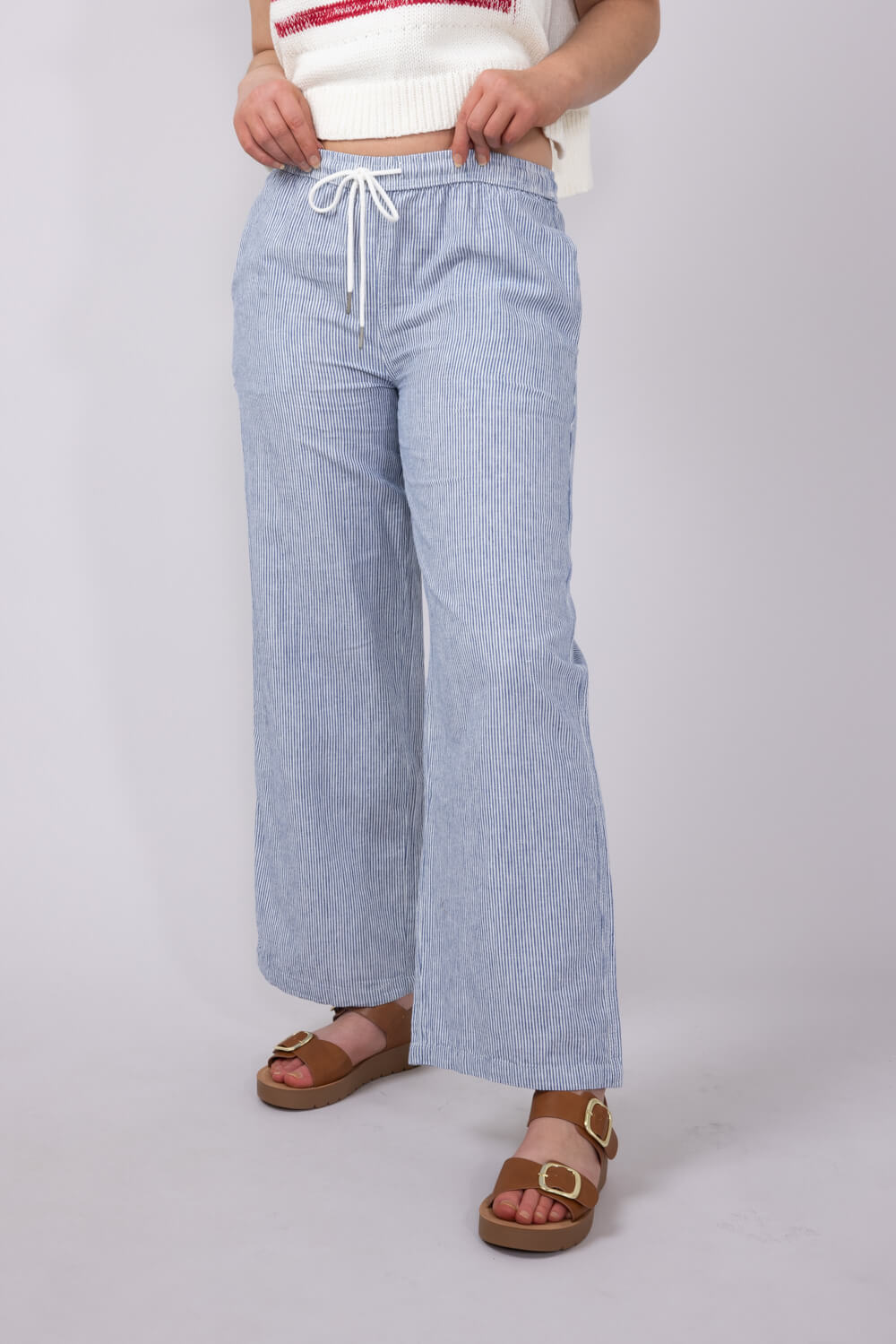 Pinstripe Drawstring Linen Pants for Women in Blue