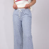 Pinstripe Drawstring Linen Pants for Women in Blue