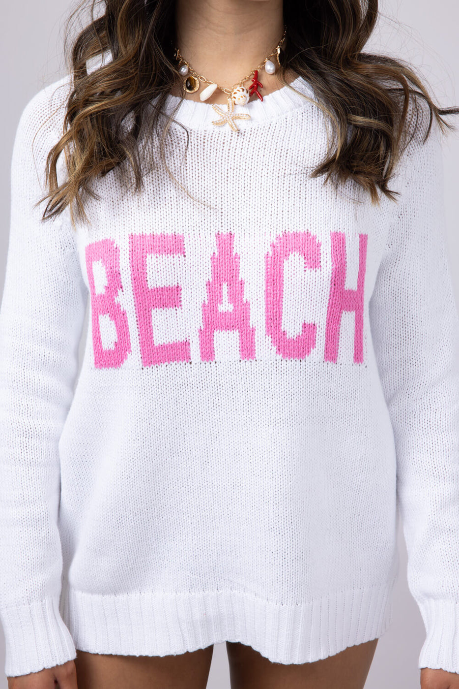 Beach Crewneck Sweater for Women in White/Pink | V2406