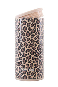 A slim can cooler sleeve with a brown and black leopard print pattern on a beige background, shown holding a green can on a white background.