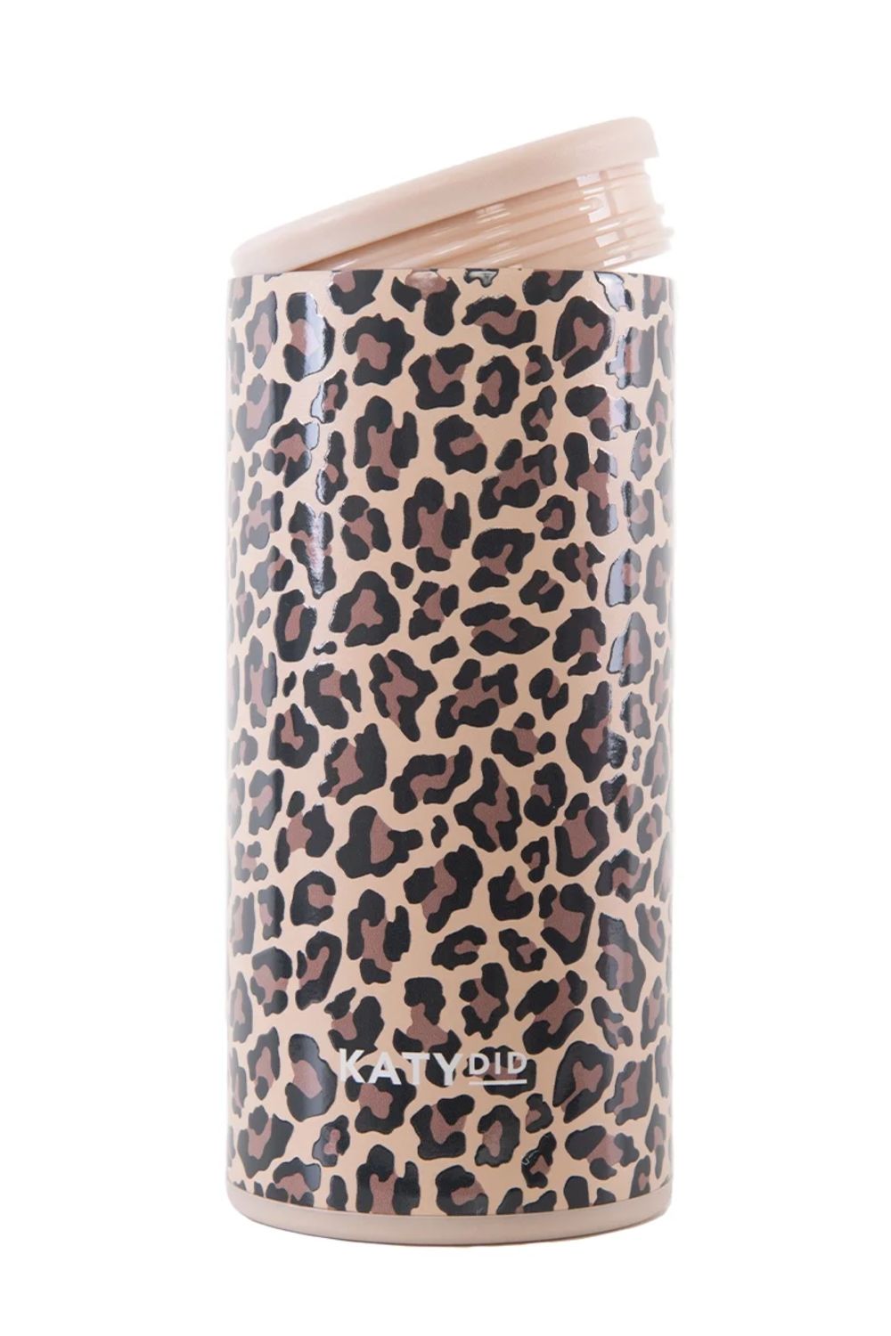 A slim can cooler sleeve with a brown and black leopard print pattern on a beige background, shown holding a green can on a white background.