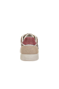 A single low-top sneaker shown from the back on a plain white background. The shoe features a beige suede upper, a dusty rose leather heel tab with 'Pier St.
