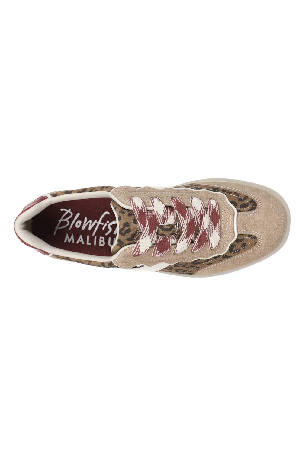 A top-down view of a Blowfish Malibu sneaker in beige suede and leopard print, featuring maroon and white patterned laces.