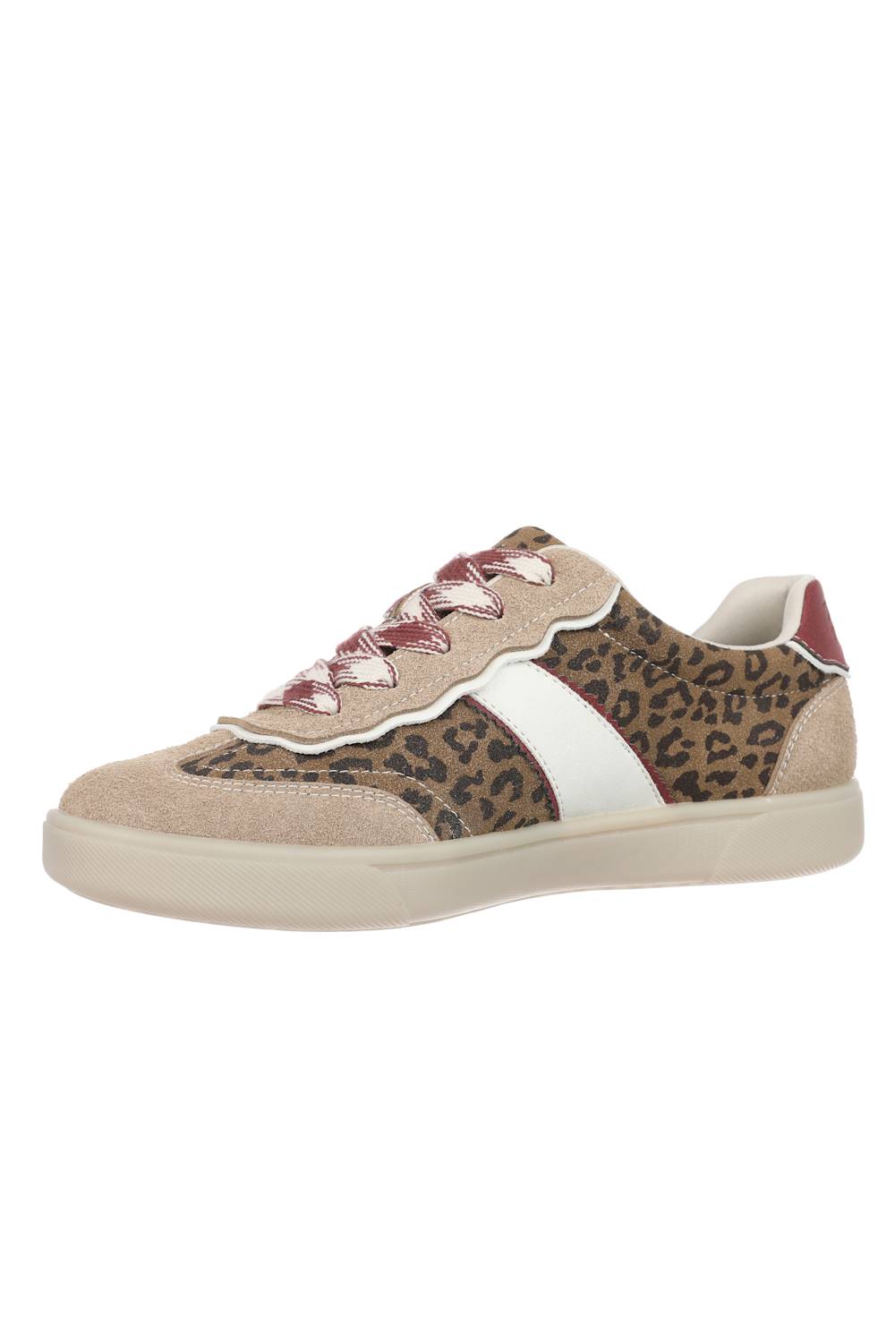 A low-top sneaker featuring a leopard print pattern on the side panels, beige suede overlays, a white side stripe, and pinkish-red scalloped laces, shown against a plain white background.
