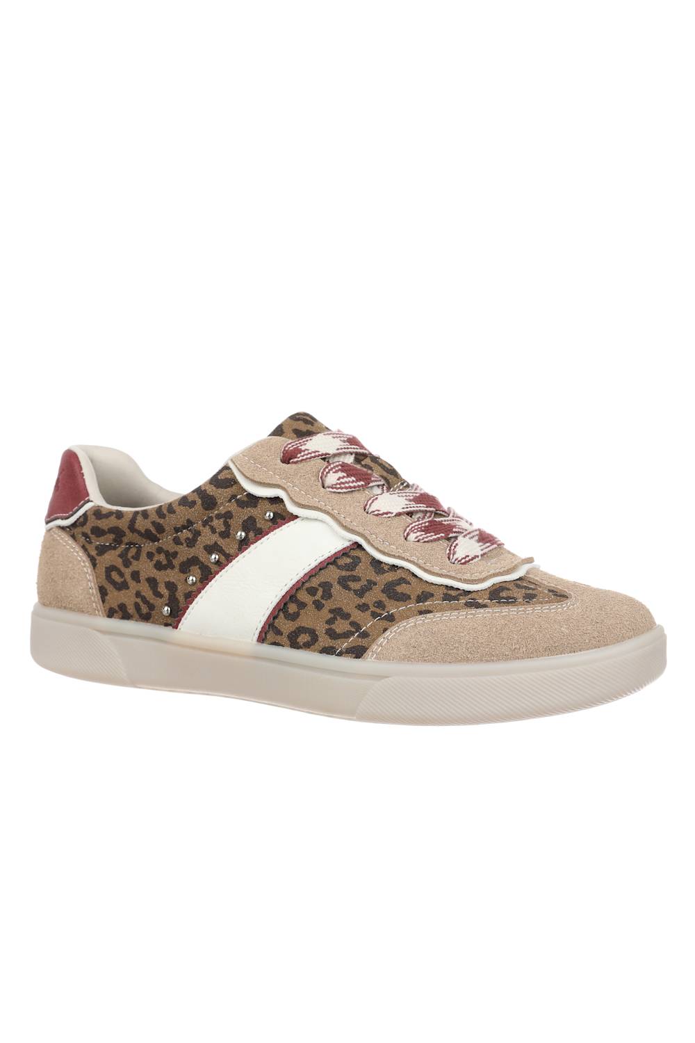 A low-top sneaker featuring a leopard print pattern on the side panels, beige suede overlays, a white side stripe, and pinkish-red scalloped laces, shown against a plain white background.