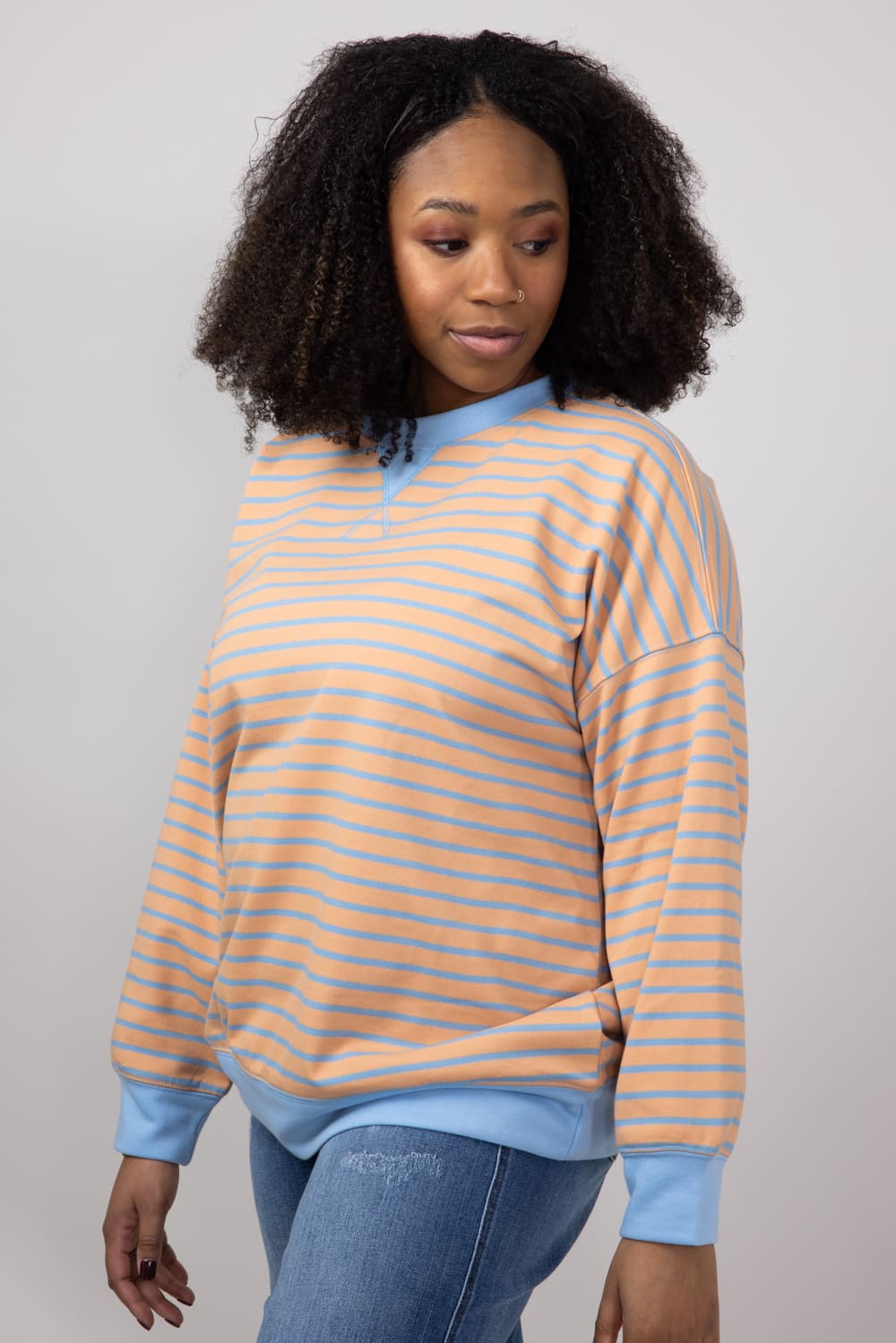 Striped French Terry Relaxed Sweatshirt for Women in Camel/Denim