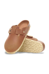 Birkenstock Boston Big Buckle Oiled Leather Clogs for Women in Cognac Brown