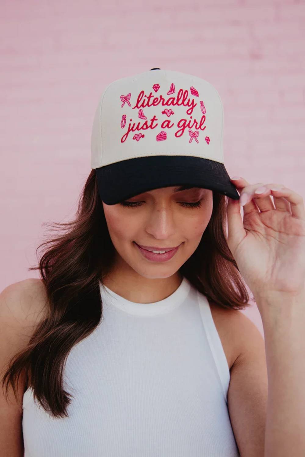Literally Just A Girl Trucker Hat for Women in Black/Tan