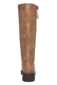 A single brown suede or faux-suede knee-high boot shown from the back, featuring a side zipper with a tassel pull and a dark block heel, set against a plain white background.