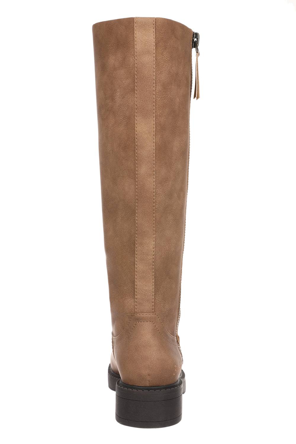 A single brown suede or faux-suede knee-high boot shown from the back, featuring a side zipper with a tassel pull and a dark block heel, set against a plain white background.