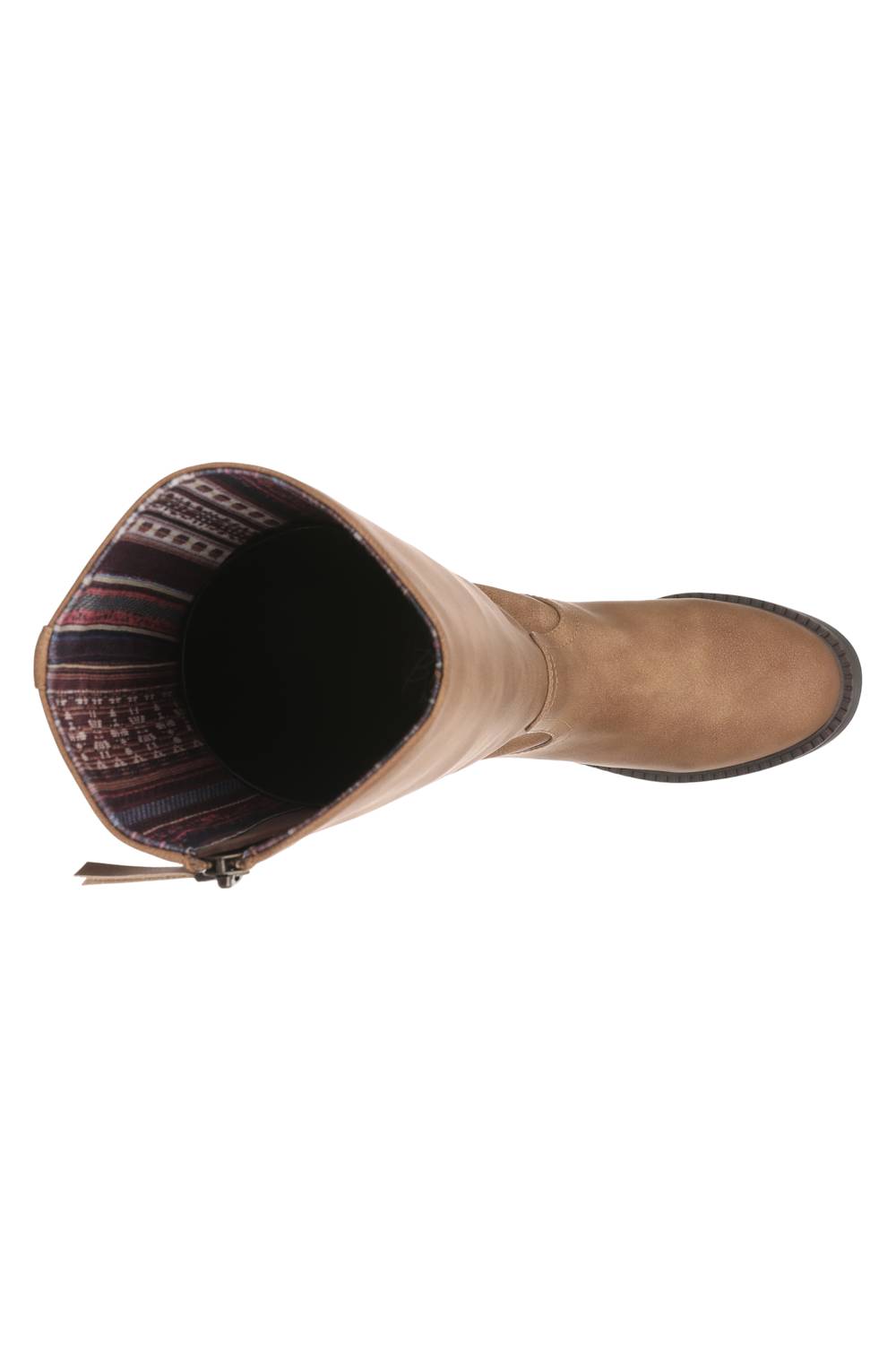A single mid-calf boot in tan leather, shown from a top-down angle on a plain white background. The boot features a patterned inner lining with red, blue, and black tones, and a dark sole.