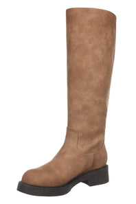 A single knee-high boot in a warm tan-brown suede-like material with a black block heel and sole, shown against a plain white background.