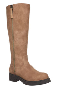 A tall brown suede knee-high boot with a side zipper and a low black block heel, shown against a plain white background.
