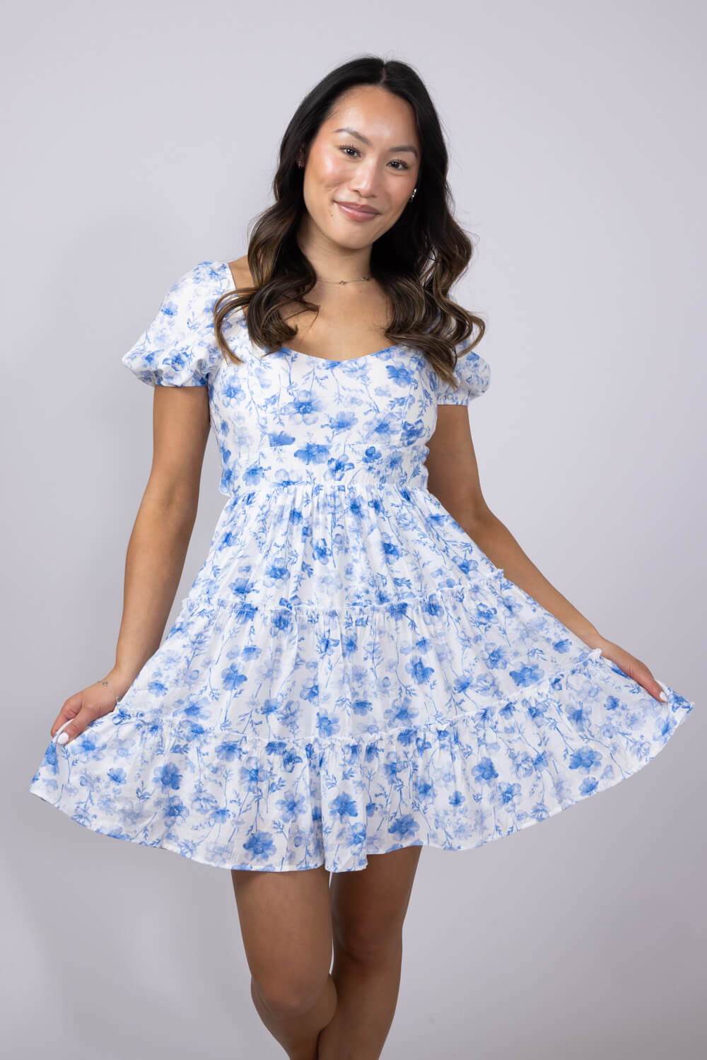 Tiered Floral Back Tie Dress for Women in Blue