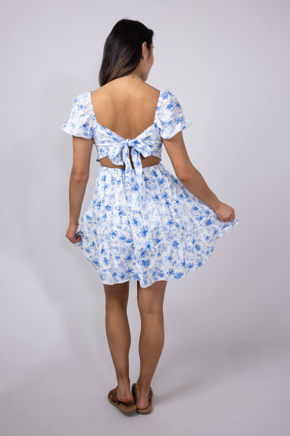 Tiered Floral Back Tie Dress for Women in Blue