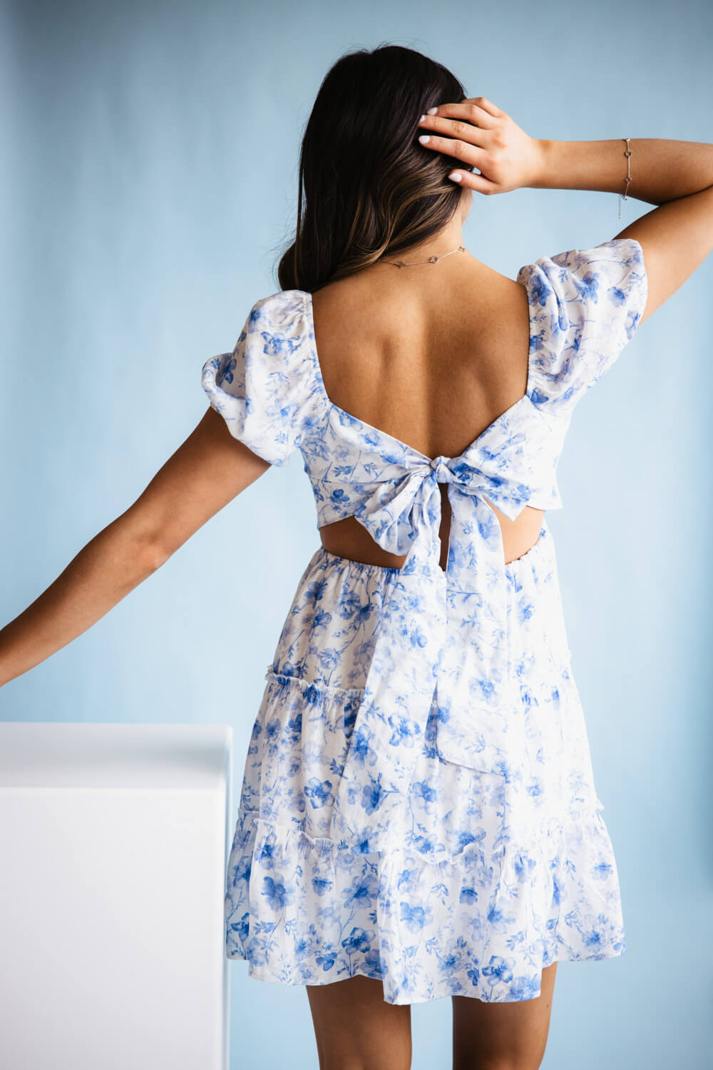 Tiered Floral Back Tie Dress for Women in Blue