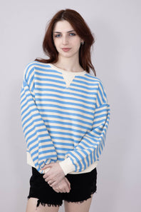 Blu Pepper Contrast Ribbed Knit Striped Sweatshirt for Women in Light Blue