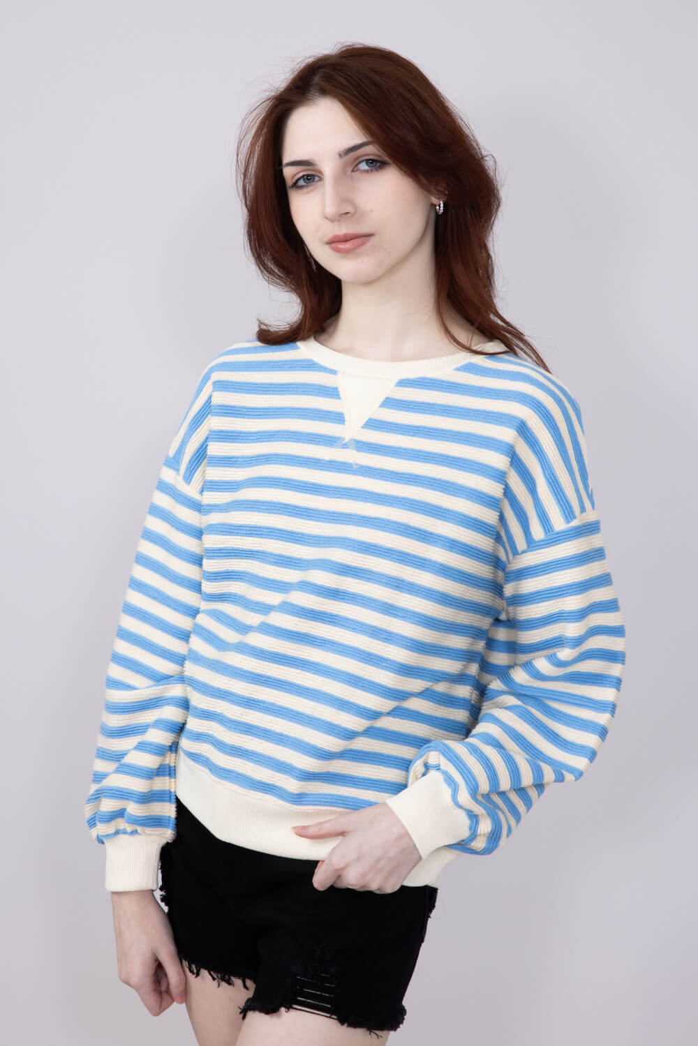 Blu Pepper Contrast Ribbed Knit Striped Sweatshirt for Women in Light Blue