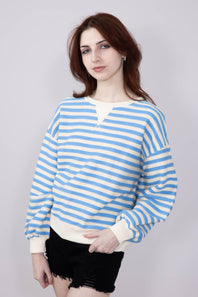 Blu Pepper Contrast Ribbed Knit Striped Sweatshirt for Women in Light Blue